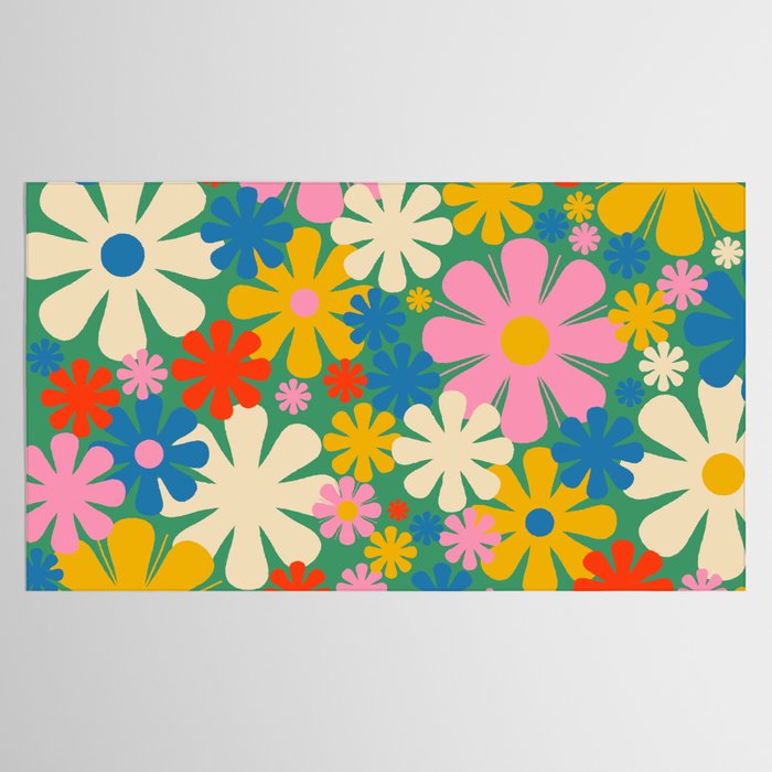 Retro Flowers 60s 70s Aesthetic Floral Pattern in Pop Green Blue Pink Red Mustard Yellow Cream Tablecloth Gallery Image 2