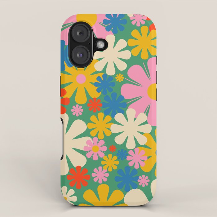 Retro Flowers 60s 70s Aesthetic Floral Pattern in Pop Green Blue Pink Red Mustard Yellow Cream iPhone Case Gallery Image 1