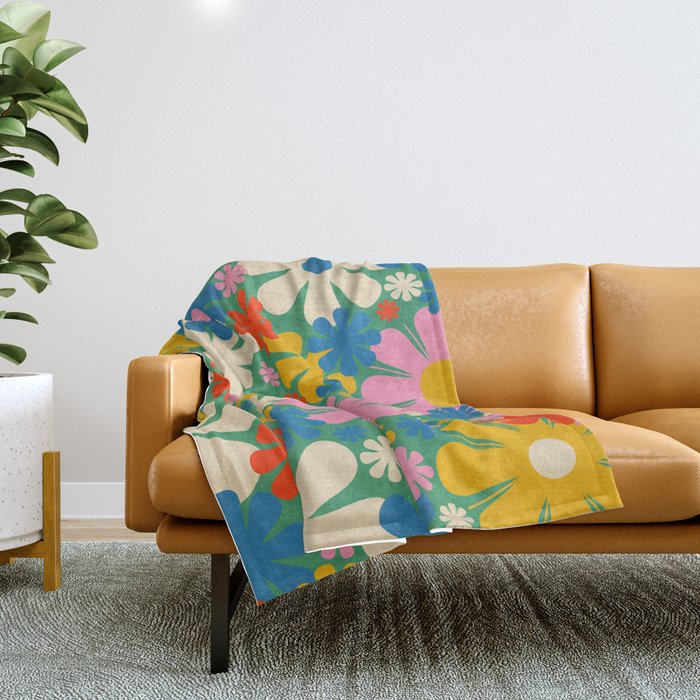 Retro Flowers 60s 70s Aesthetic Floral Pattern in Pop Green Blue Pink Red Mustard Yellow Cream Throw Blanket Gallery Image 1