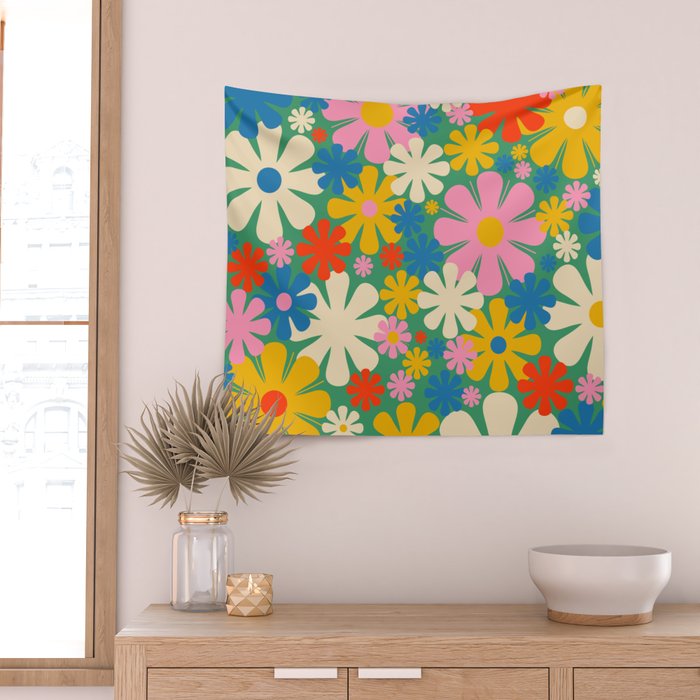 Retro Flowers 60s 70s Aesthetic Floral Pattern in Pop Green Blue Pink Red Mustard Yellow Cream Wall Tapestry Gallery Image 2