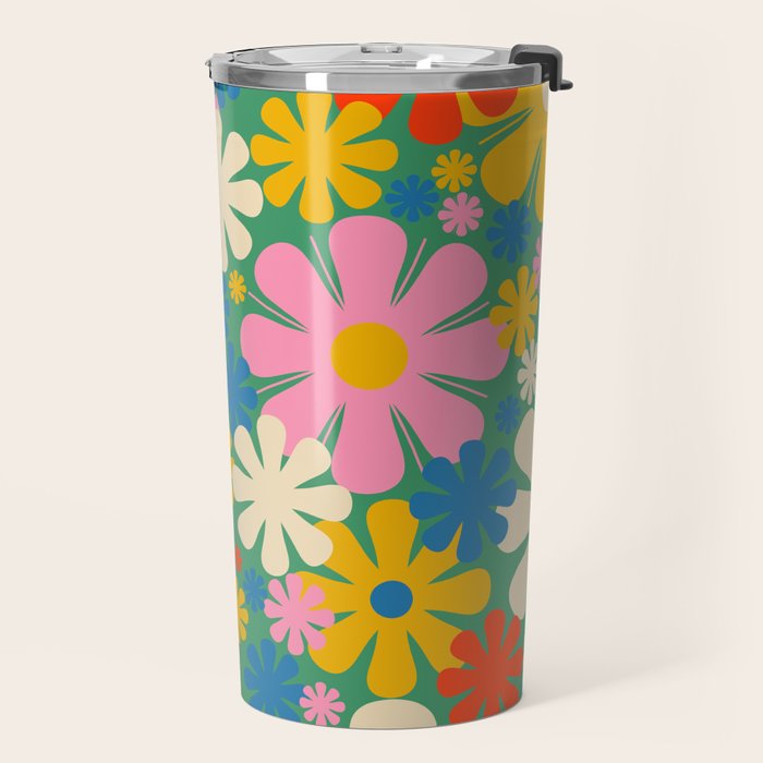Retro Flowers 60s 70s Aesthetic Floral Pattern in Pop Green Blue Pink Red Mustard Yellow Cream Travel Mug Gallery Image 2