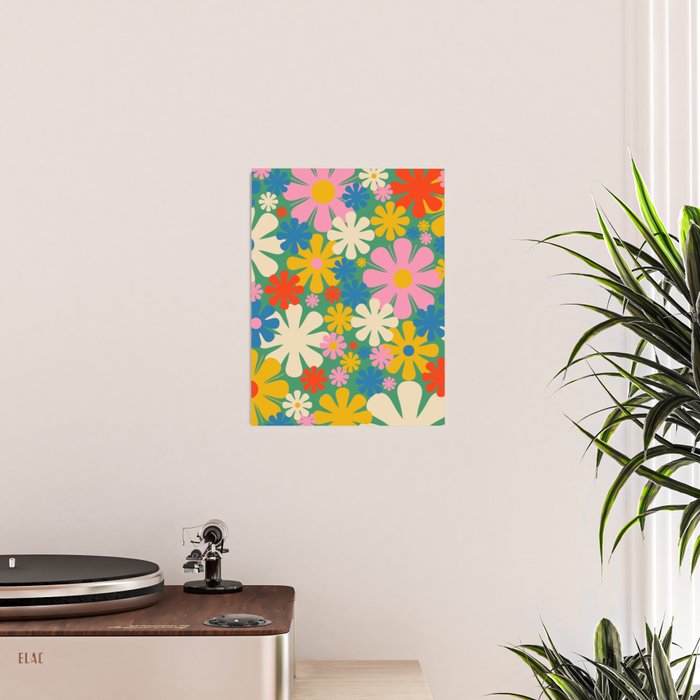 Retro Flowers 60s 70s Aesthetic Floral Pattern in Pop Green Blue Pink Red Mustard Yellow Cream Poster Gallery Image 2