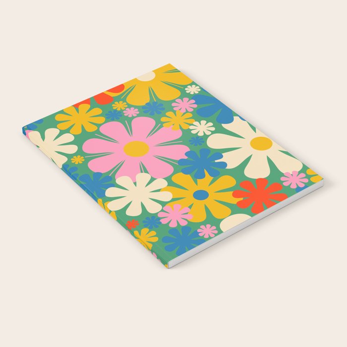 Retro Flowers 60s 70s Aesthetic Floral Pattern in Pop Green Blue Pink Red Mustard Yellow Cream Notebook Gallery Image 1