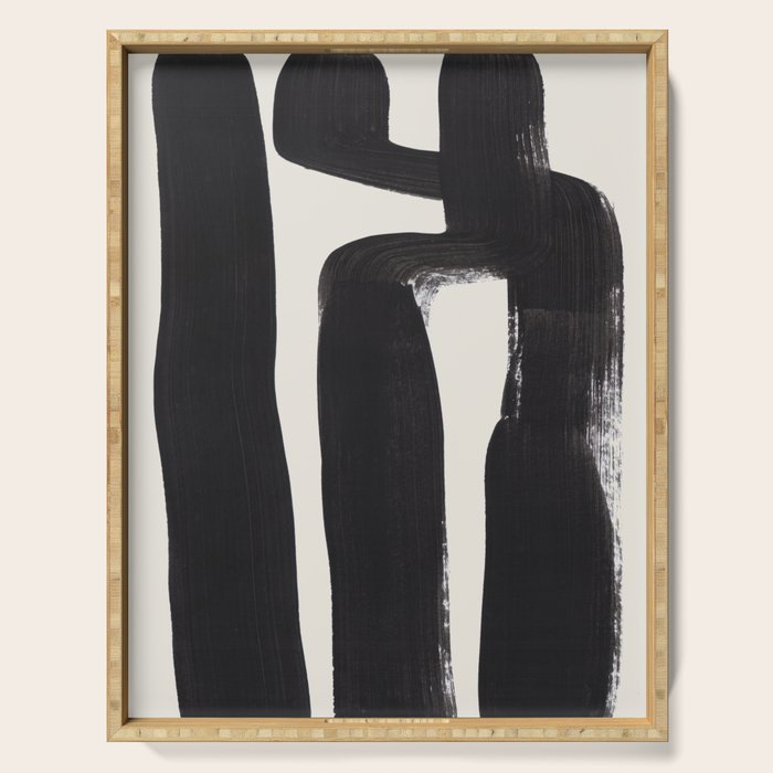Mid Century Modern Minimalist Abstract Art Brush Strokes Black & White Ink Art Ancient Stripes Serving Tray Gallery Image 1