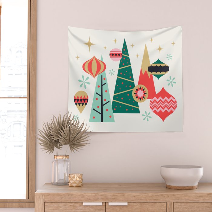 Retro Christmas Card Theme - Plain White Wall Tapestry Gallery Image 2