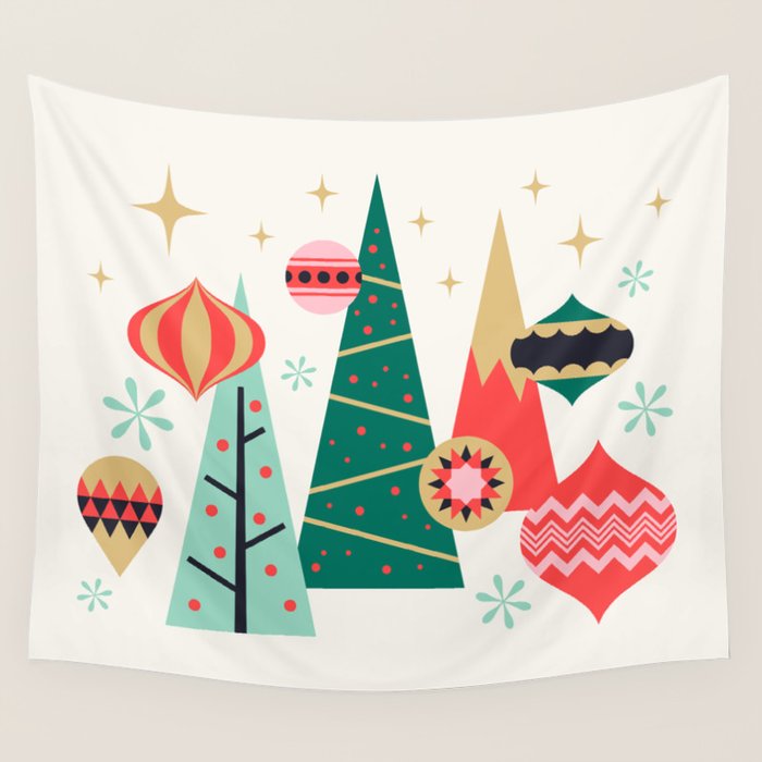 Retro Christmas Card Theme - Plain White Wall Tapestry Gallery Image 1