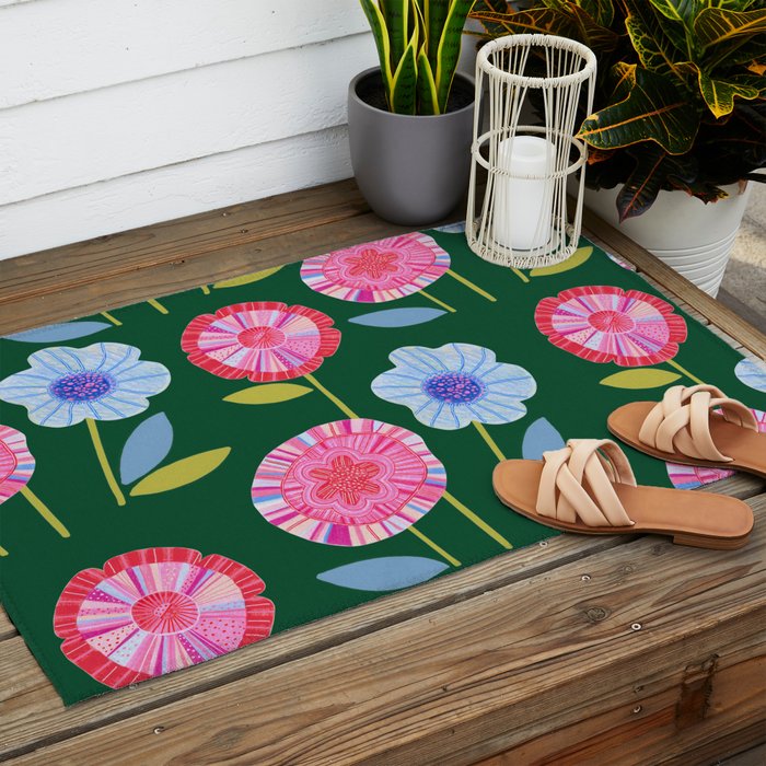Folky Flowers in Bloom in Green & Pink Outdoor Rug Gallery Image 2