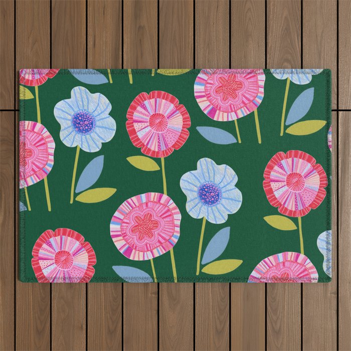 Folky Flowers in Bloom in Green & Pink Outdoor Rug Gallery Image 1