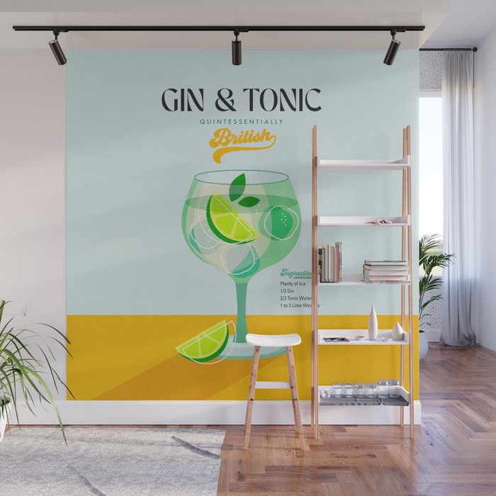 Minimal Gin Tonic cocktail illustration - Aqua Orange Wall Mural Gallery Image 1