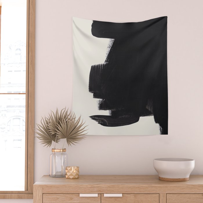Mid Century Modern Minimalist Abstract Art Brush Strokes Black & White Ink Art Colorfield Wall Tapestry Gallery Image 2