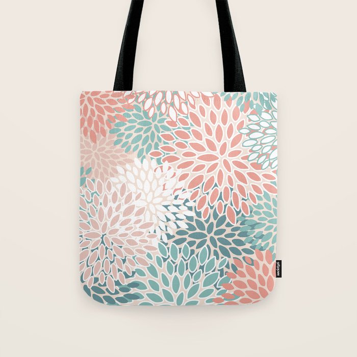 Modern Flowers Print, Coral, Pink and Teal Tote Bag Gallery Image 1