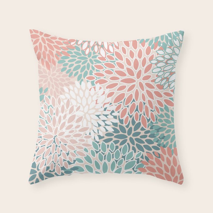 Modern Flowers Print, Coral, Pink and Teal Throw Pillow Gallery Image 6