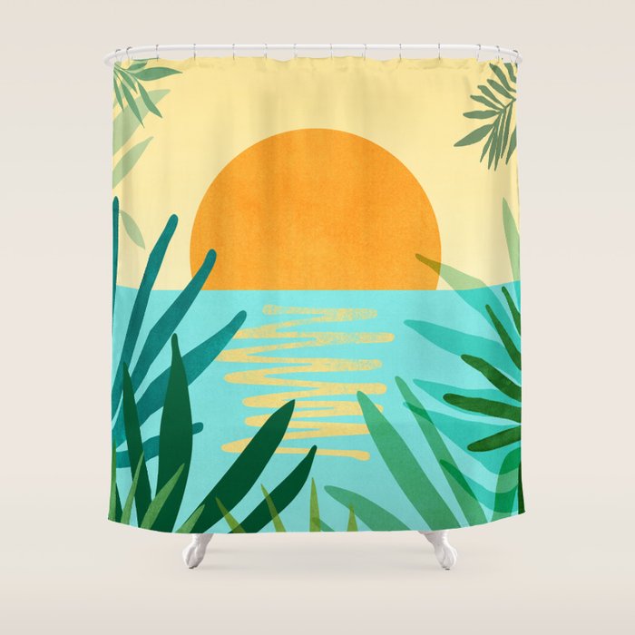 Tropical Ocean View Landscape Illustration Shower Curtain Gallery Image 1