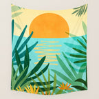 Tropical Ocean View Landscape Illustration Wall Tapestry Gallery Image 4