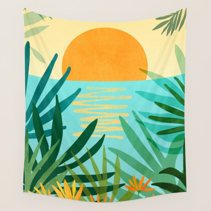 Tropical Ocean View Landscape Illustration Wall Tapestry Gallery Image 4