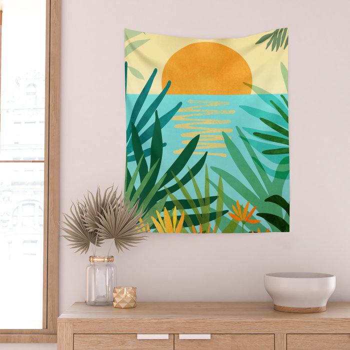 Tropical Ocean View Landscape Illustration Wall Tapestry Gallery Image 2