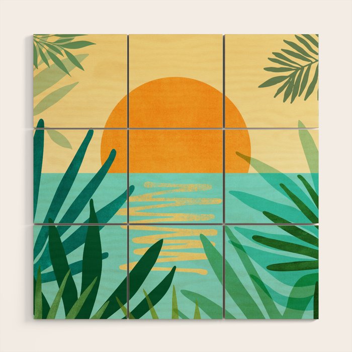 Tropical Ocean View Landscape Illustration Wood Wall Art Gallery Image 1