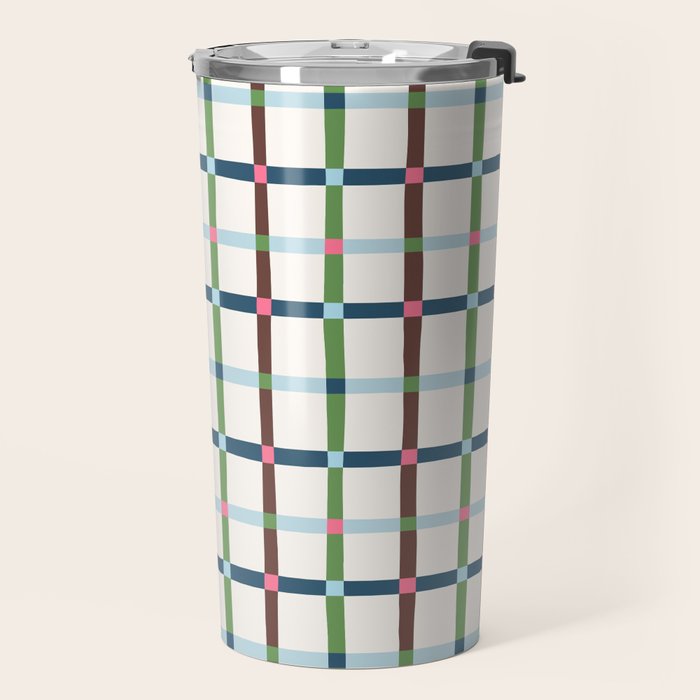Windowpane Plaid Blue Green on Cream Travel Mug Gallery Image 2