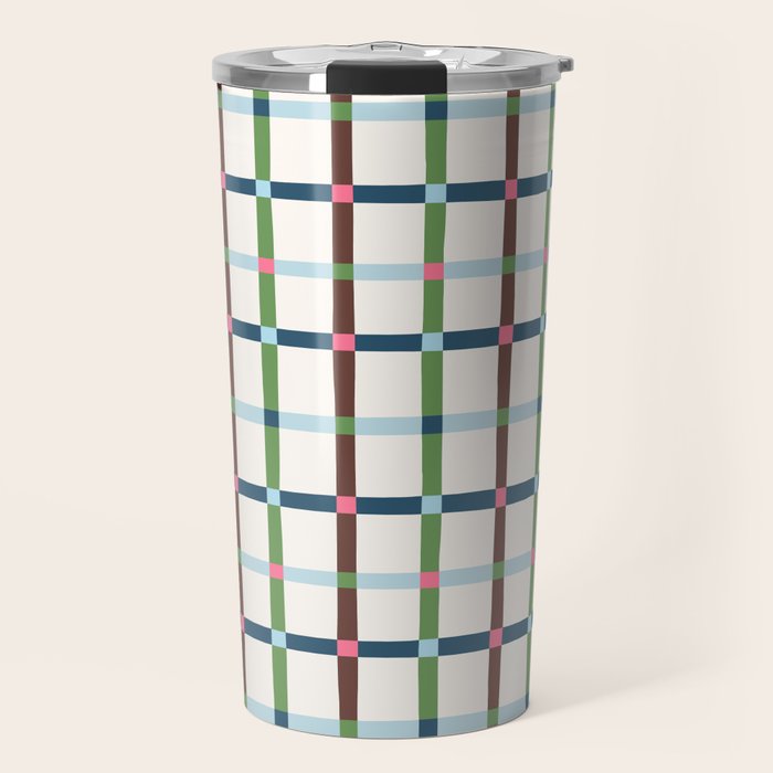 Windowpane Plaid Blue Green on Cream Travel Mug Gallery Image 1