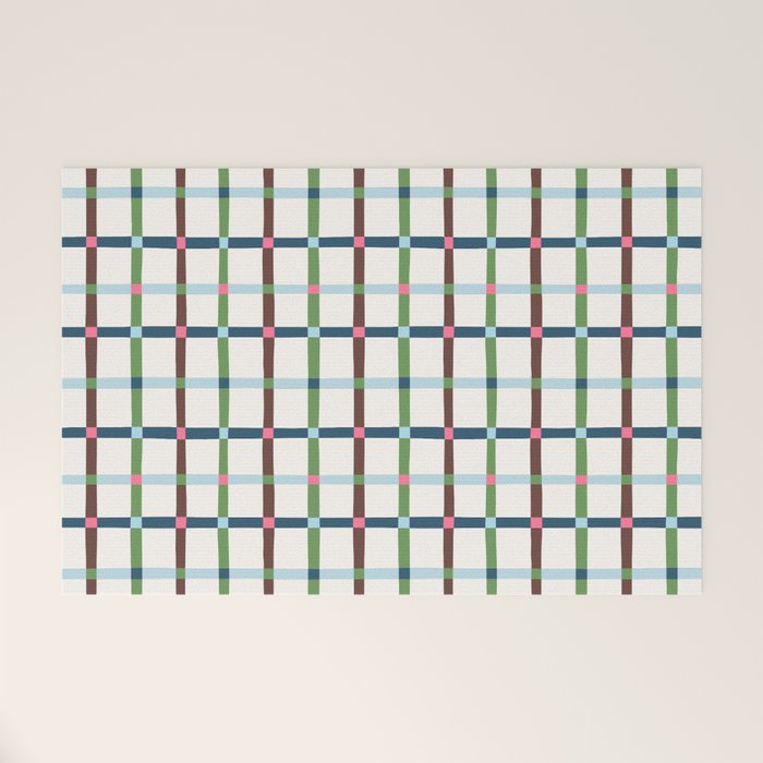 Windowpane Plaid Blue Green on Cream Welcome Mat Gallery Image 1