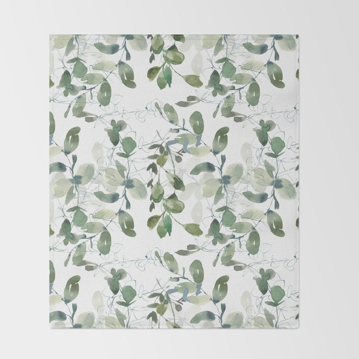 Festive, Watercolor, Leaves Print, White and Green Throw Blanket Gallery Image 2