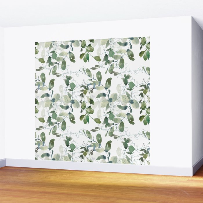 Festive, Watercolor, Leaves Print, White and Green Wall Mural Gallery Image 2