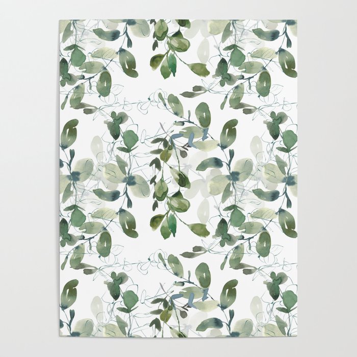 Festive, Watercolor, Leaves Print, White and Green Poster Gallery Image 4