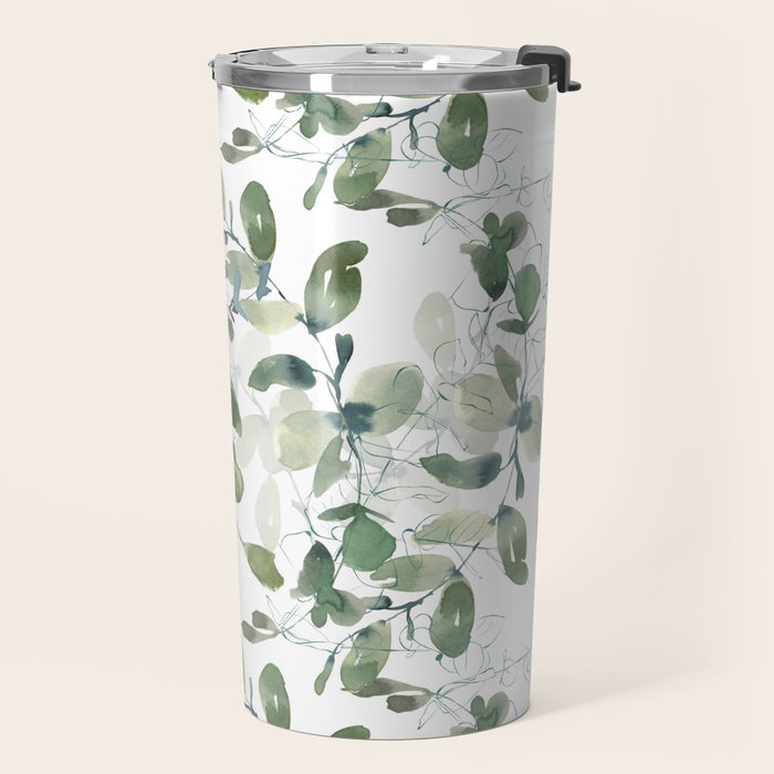 Festive, Watercolor, Leaves Print, White and Green Travel Mug Gallery Image 2