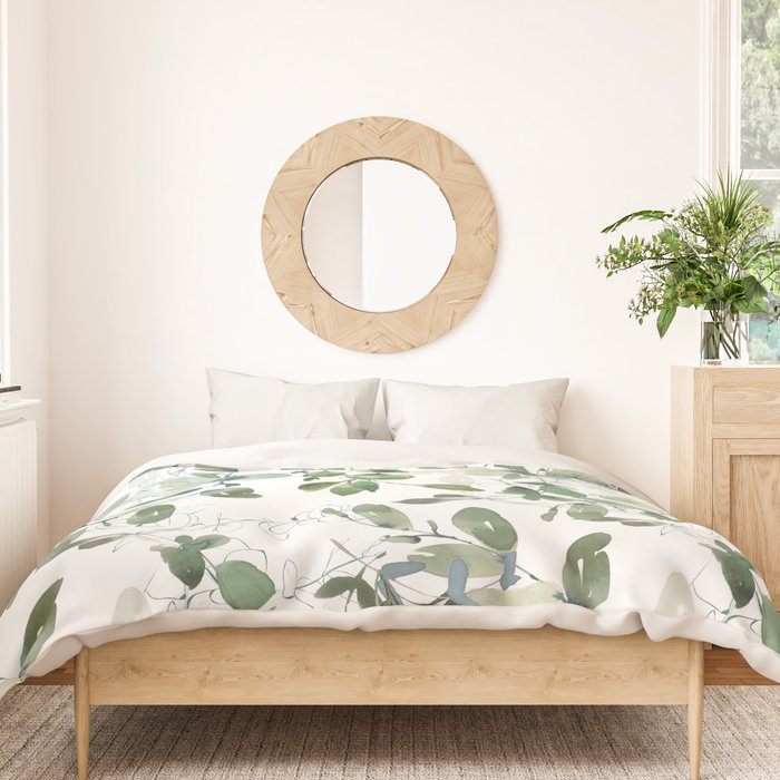 Festive, Watercolor, Leaves Print, White and Green Duvet Cover Gallery Image 3