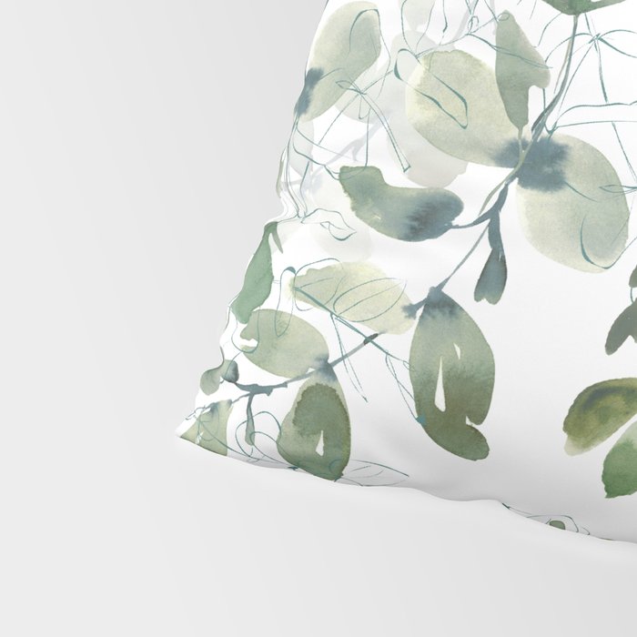 Festive, Watercolor, Leaves Print, White and Green Pillow Sham Gallery Image 4