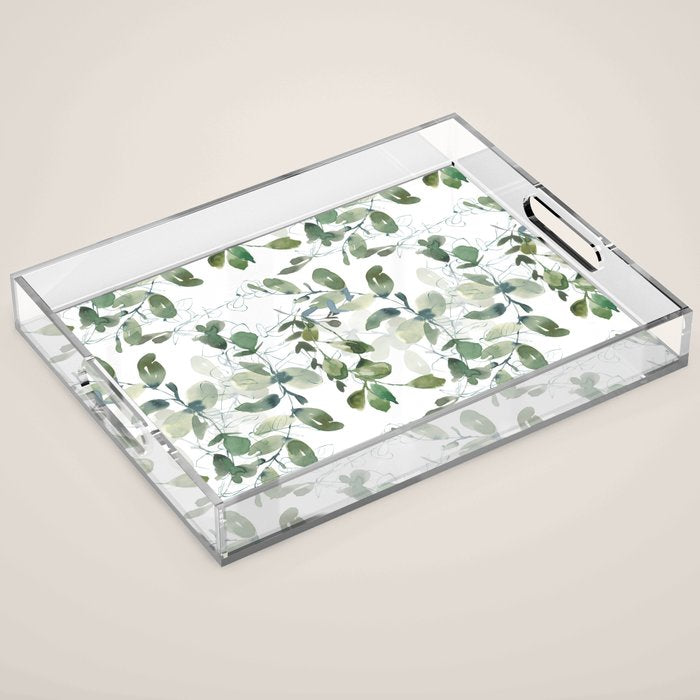 Festive, Watercolor, Leaves Print, White and Green Acrylic Tray Gallery Image 1