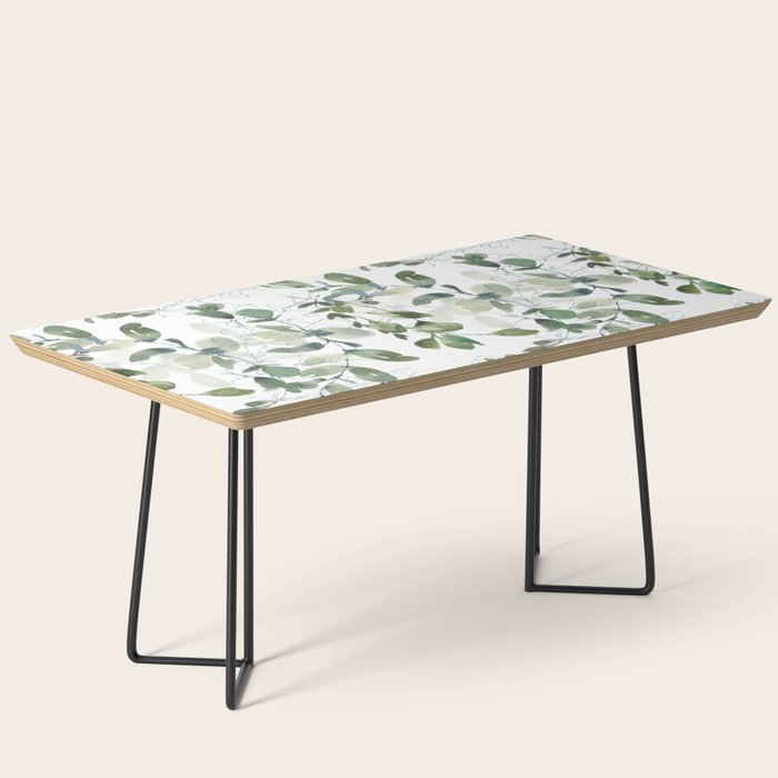 Festive, Watercolor, Leaves Print, White and Green Coffee Table Gallery Image 1