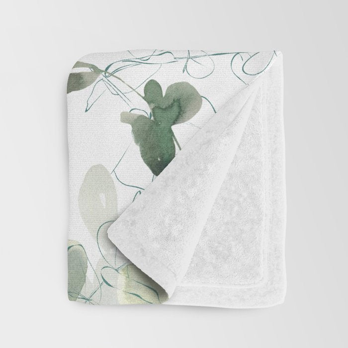 Festive, Watercolor, Leaves Print, White and Green Throw Blanket Gallery Image 3