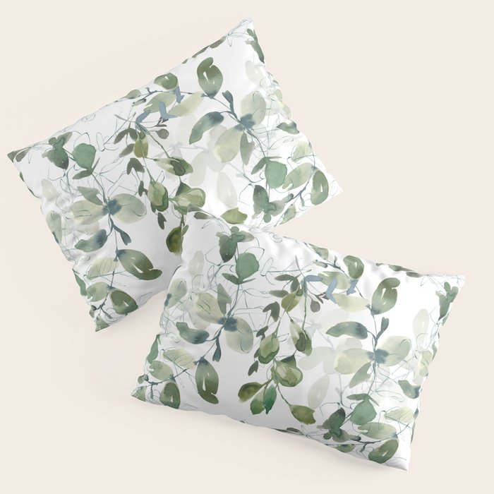 Festive, Watercolor, Leaves Print, White and Green Pillow Sham Gallery Image 1
