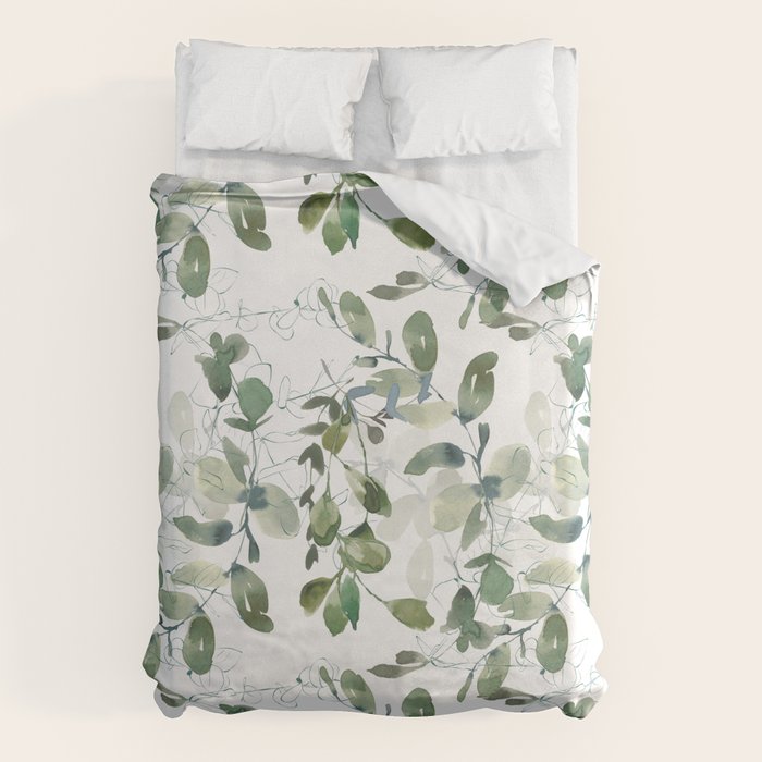 Festive, Watercolor, Leaves Print, White and Green Duvet Cover Gallery Image 1