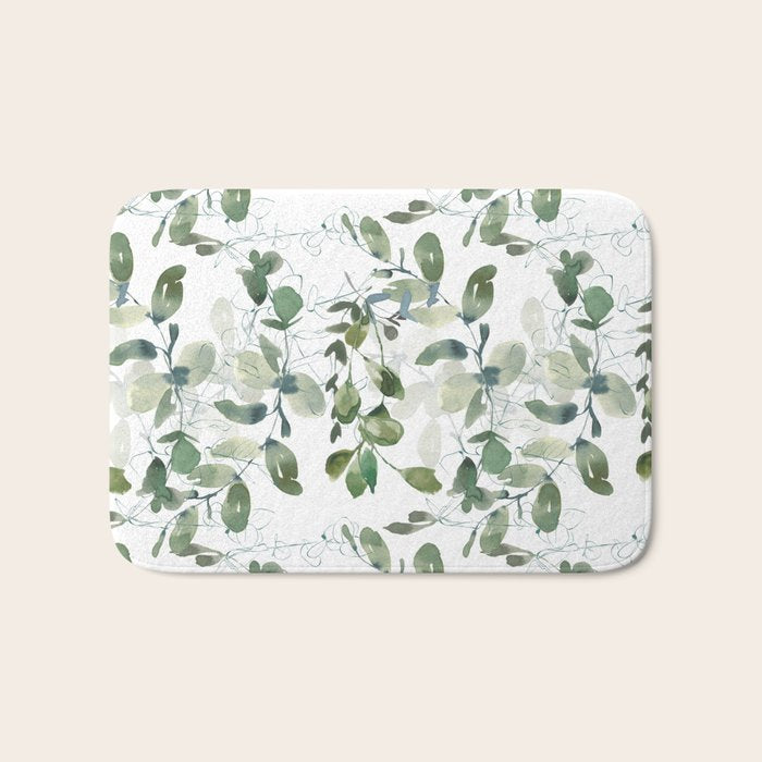 Festive, Watercolor, Leaves Print, White and Green Bath Mat Gallery Image 1