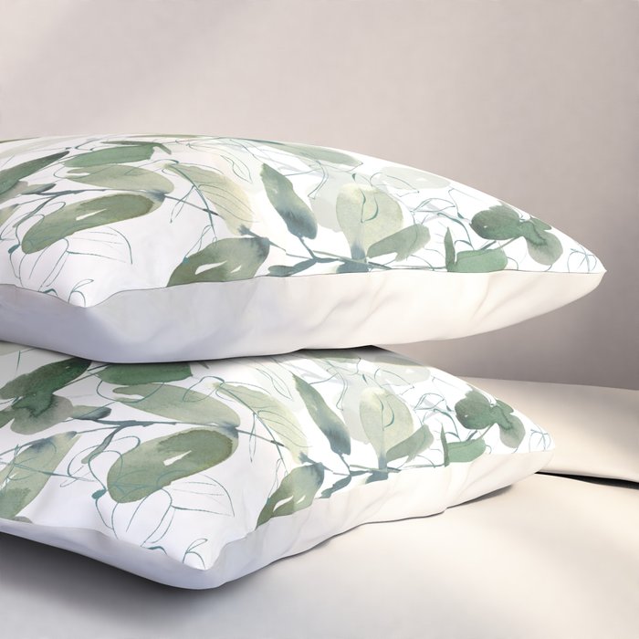 Festive, Watercolor, Leaves Print, White and Green Pillow Sham Gallery Image 3