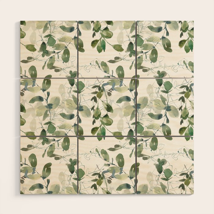 Festive, Watercolor, Leaves Print, White and Green Wood Wall Art Gallery Image 1