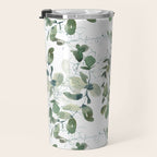 Festive, Watercolor, Leaves Print, White and Green Travel Mug Gallery Image 3