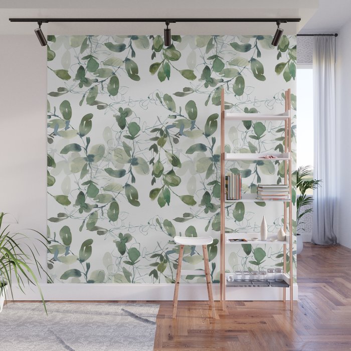 Festive, Watercolor, Leaves Print, White and Green Wall Mural Gallery Image 1