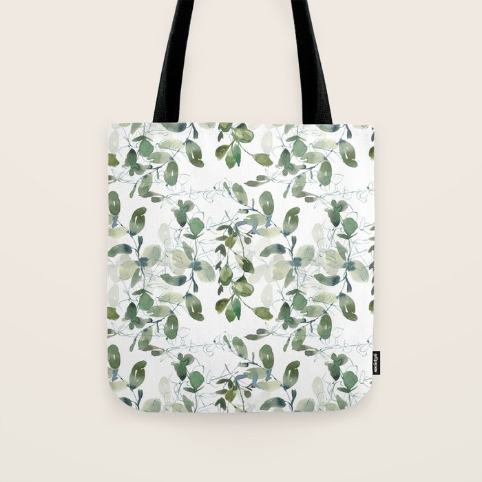 Festive, Watercolor, Leaves Print, White and Green Tote Bag Gallery Image 1