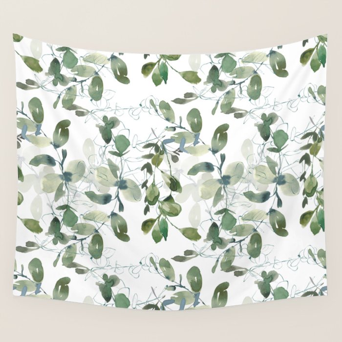Festive, Watercolor, Leaves Print, White and Green Wall Tapestry Gallery Image 4