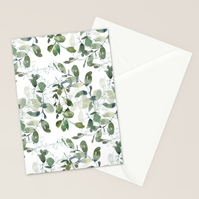 Festive, Watercolor, Leaves Print, White and Green Stationery Card Gallery Image 2