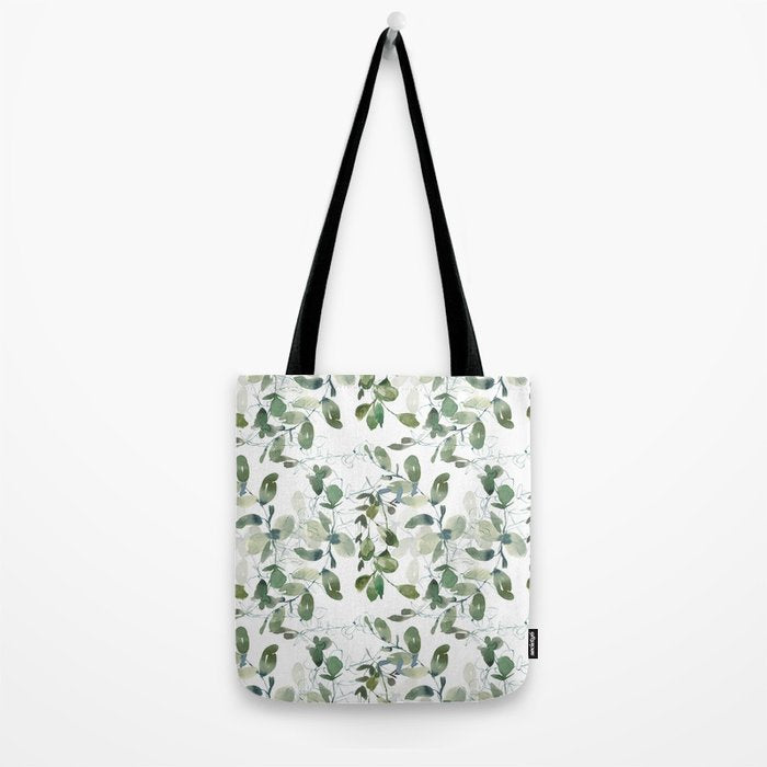 Festive, Watercolor, Leaves Print, White and Green Tote Bag Gallery Image 2