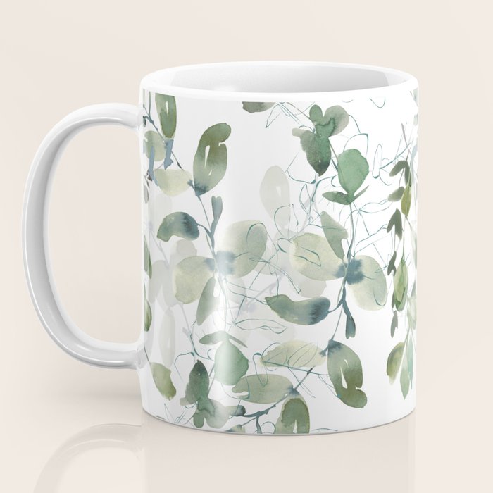 Festive, Watercolor, Leaves Print, White and Green Coffee Mug Gallery Image 3