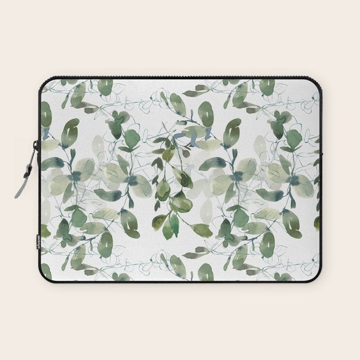 Festive, Watercolor, Leaves Print, White and Green Laptop Sleeve Gallery Image 1