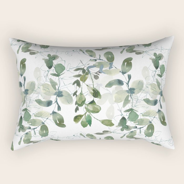 Festive, Watercolor, Leaves Print, White and Green Rectangular Pillow Gallery Image 1
