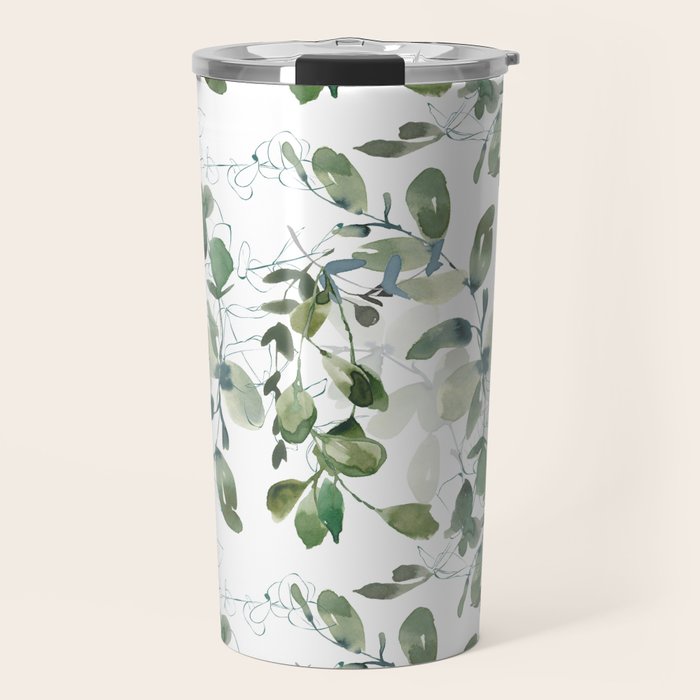 Festive, Watercolor, Leaves Print, White and Green Travel Mug Gallery Image 1