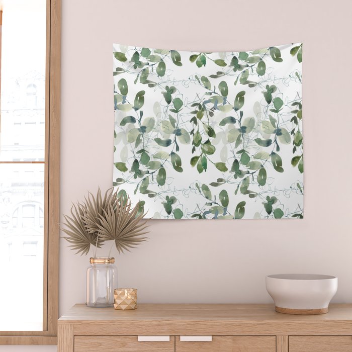 Festive, Watercolor, Leaves Print, White and Green Wall Tapestry Gallery Image 2