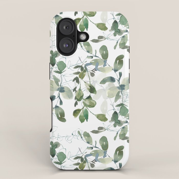 Festive, Watercolor, Leaves Print, White and Green iPhone Case Gallery Image 1